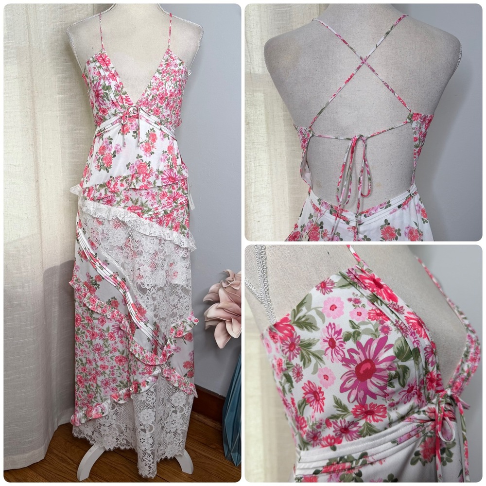 NWT For Love & Lemons Rosalyn Maxi Dress Floral Ruffle Lace White Pink Size XS